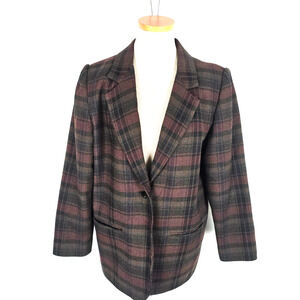 Sag Harbor Blazer Women's 8 Petite Wool Blend Single Button Plaid Black & Mauve
